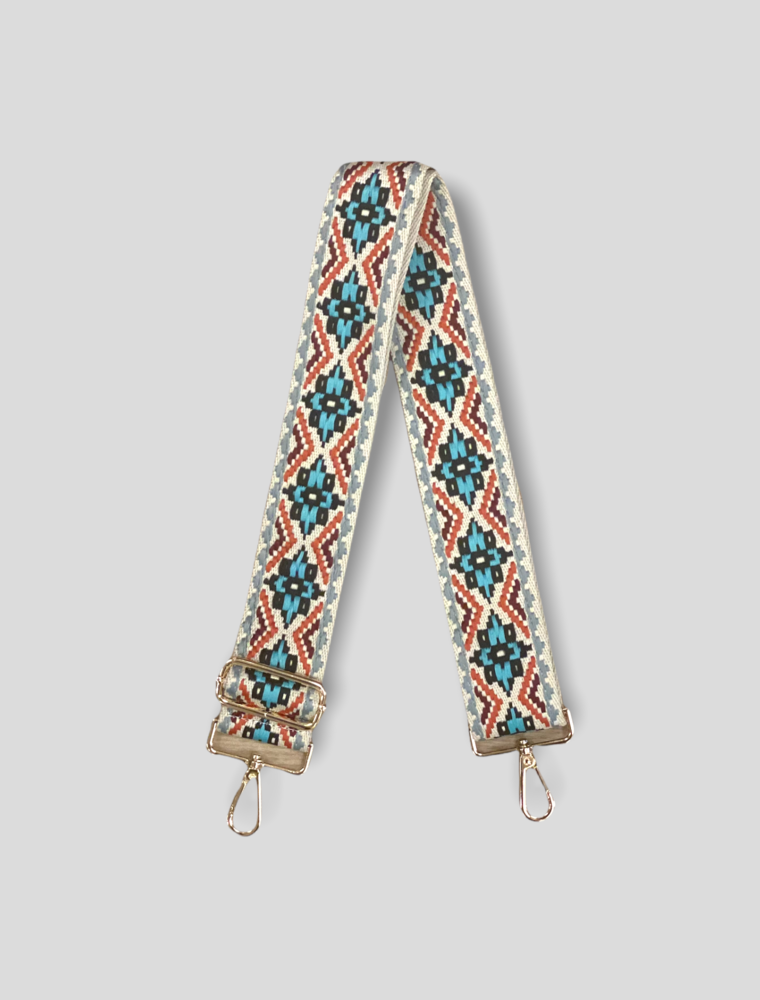 AHDORNED Medallion Embroidered Bag Strap - Cream/Blue (Gold Hardware)
