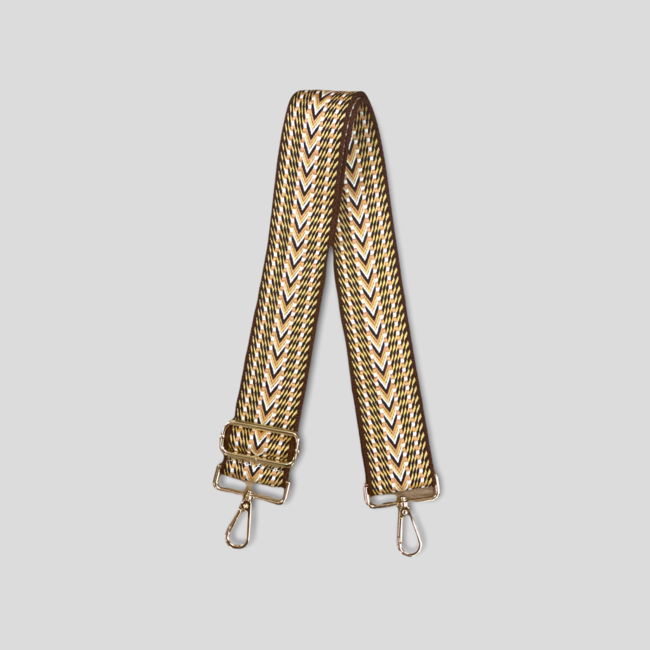 Woven Embroidered Bag Strap - Brown/Peach/Yellow (Gold Hardware)