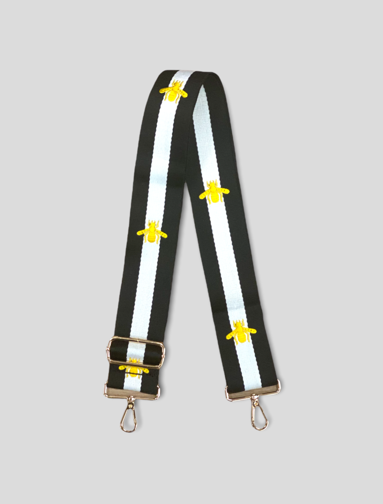AHDORNED Bee Embroidered Bag Strap - Black/White (Gold Hardware)