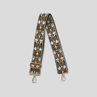 AHDORNED Floral Embroidered Bag Strap - Camel/Black (Gold Hardware)