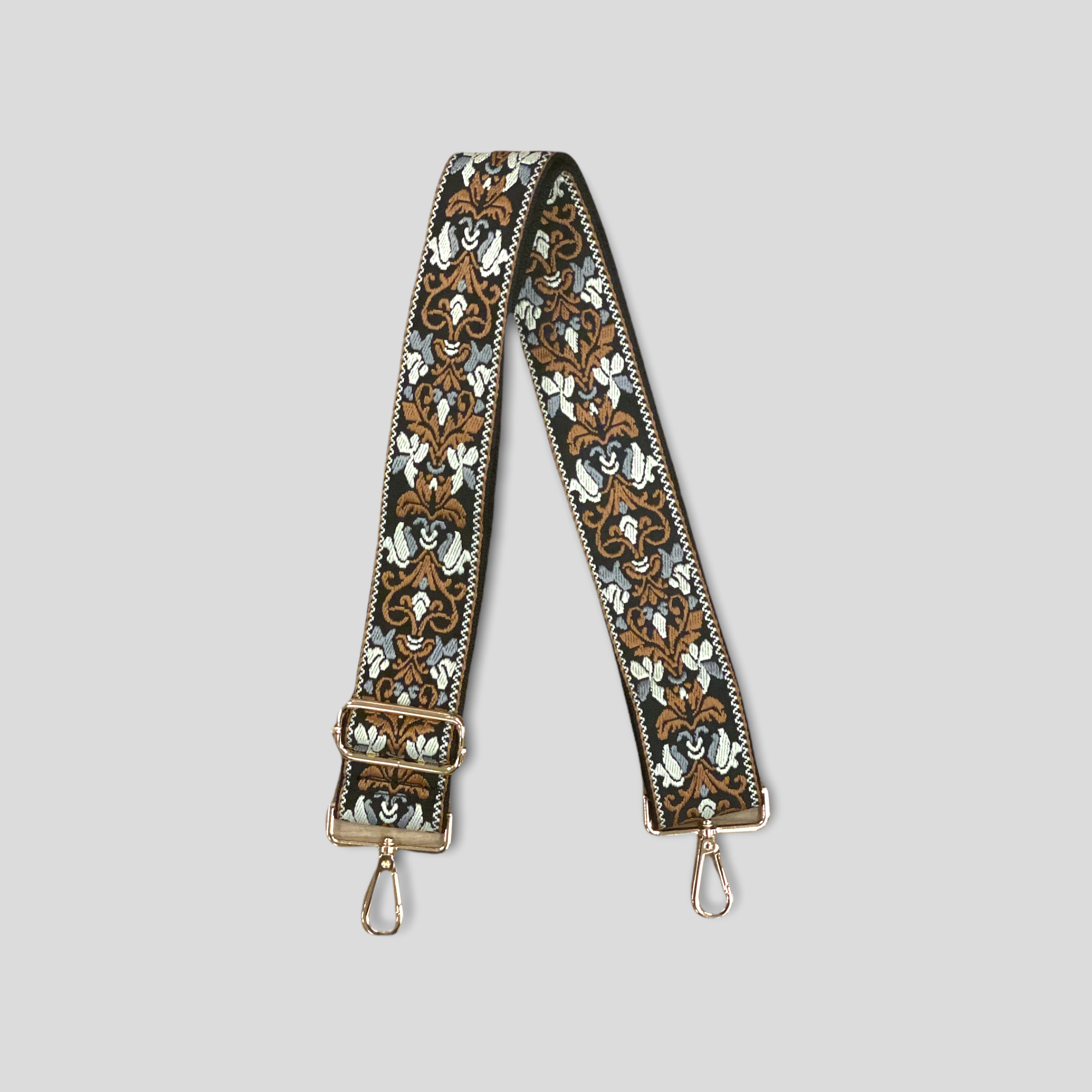 Ahdorned Floral Embroidered Bag Strap Camel/Black (Gold Hardware