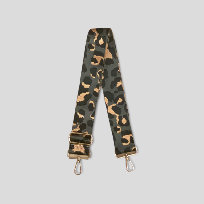Leopard Print Bag Strap - Grey/Tan/Black (Gold Hardware)