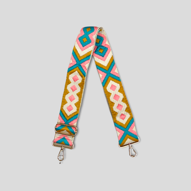 Aztec Embroidered Bag Strap - Cream/Turquoise/Pink (Gold Hardware)
