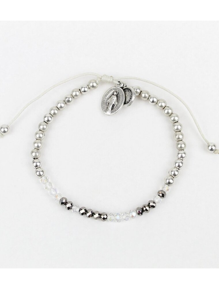 MY SAINT MY HERO Sponsor Morse Code Bracelet - Silver/Clear Crystal