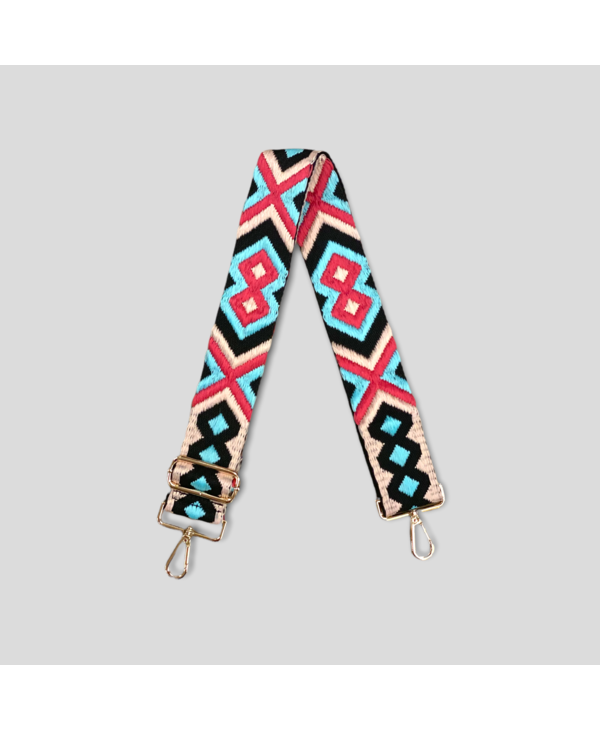 Aztec Embroidered Bag Strap - Turquoise/Light Pink/Hot Pink (Gold Hardware)