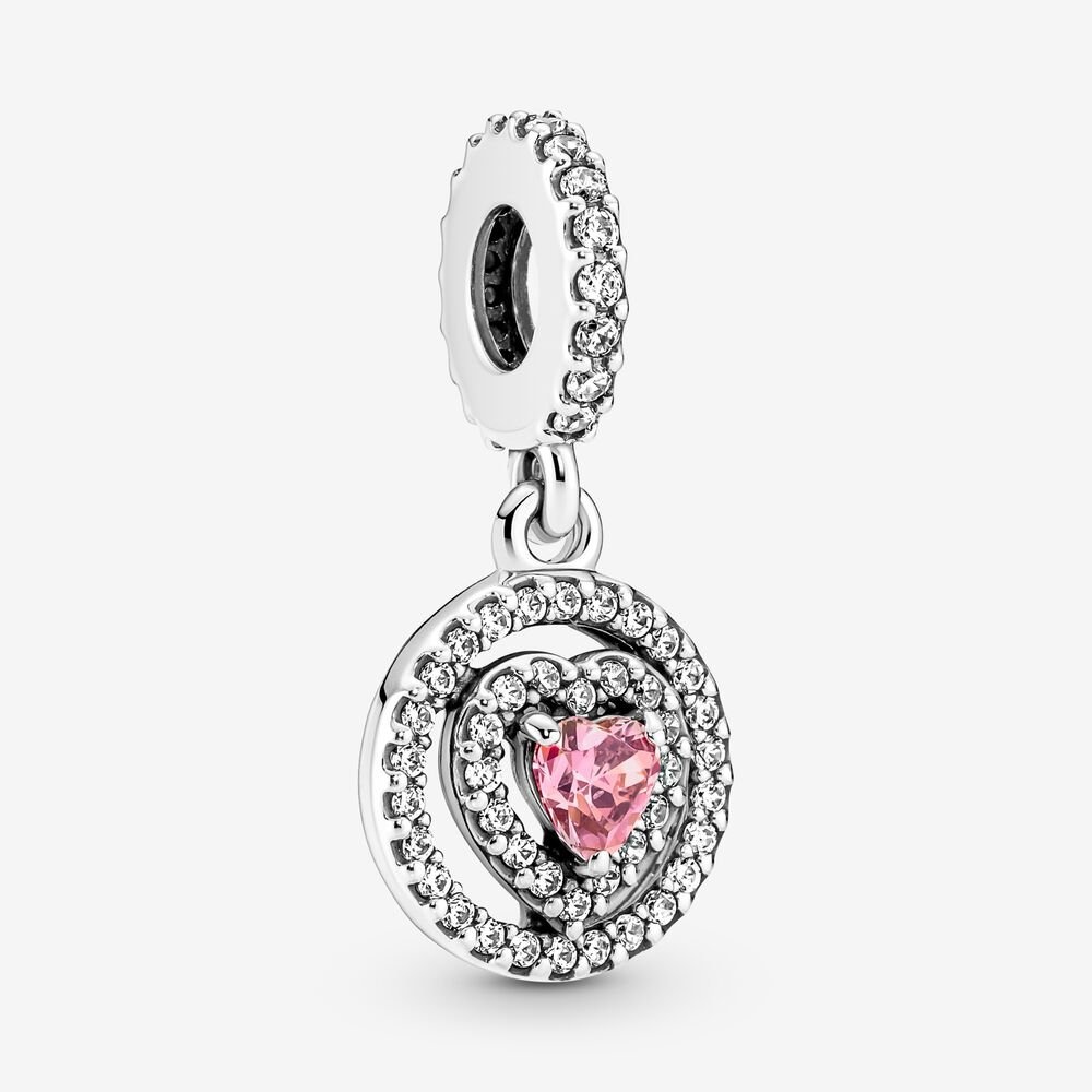 PANDORA SILVER CHARM BRACELET WITH PINK CRYSTAL HEART LOVE FAMILY CHARMS  & BOX!