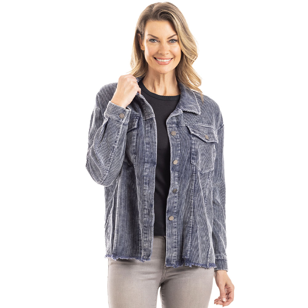 Corduroy Distressed Shacket - Navy 