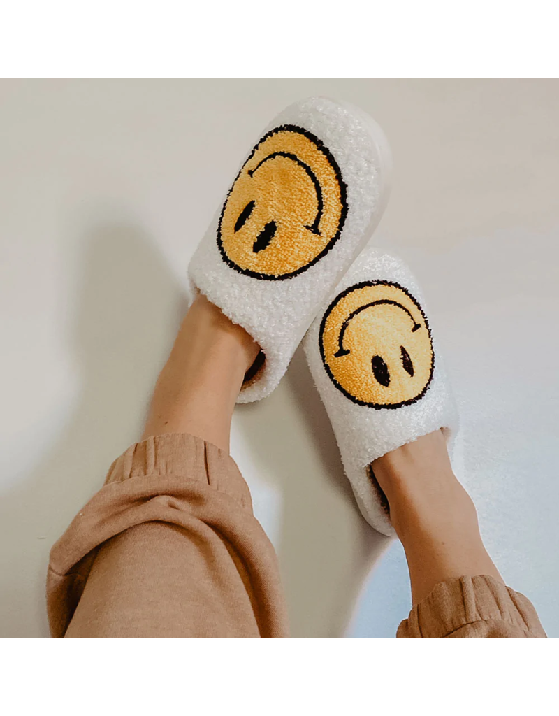 KATYDID White Fuzzy Happy Face Slippers