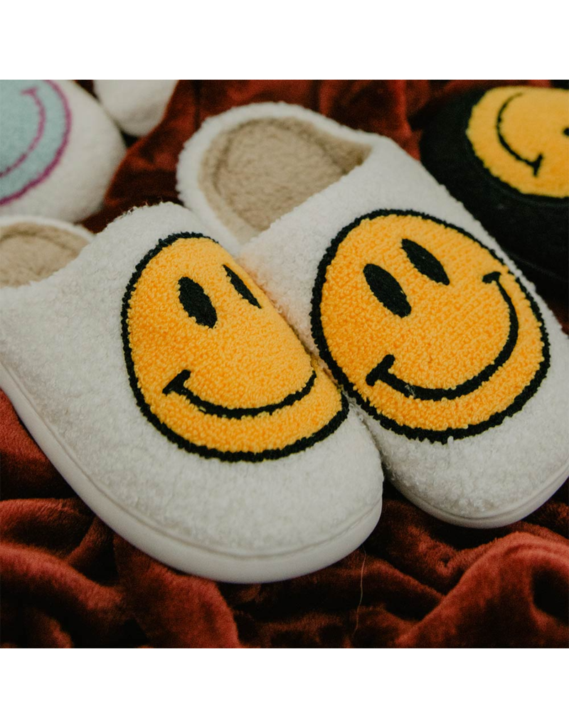 KATYDID White Fuzzy Happy Face Slippers