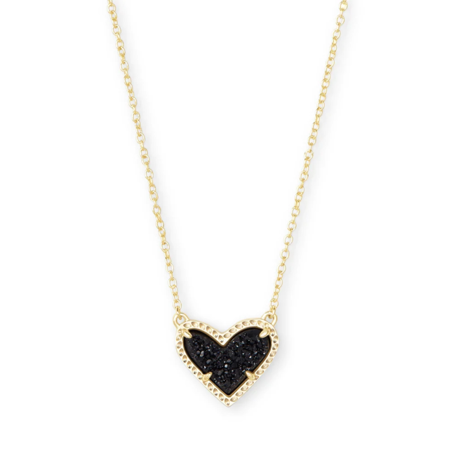 Ari Heart Gold Pendant Necklace in Black Drusy
