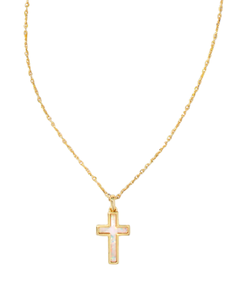 KENDRA SCOTT DESIGN Cross Gold Pendant Necklace in White Kyocera Opal