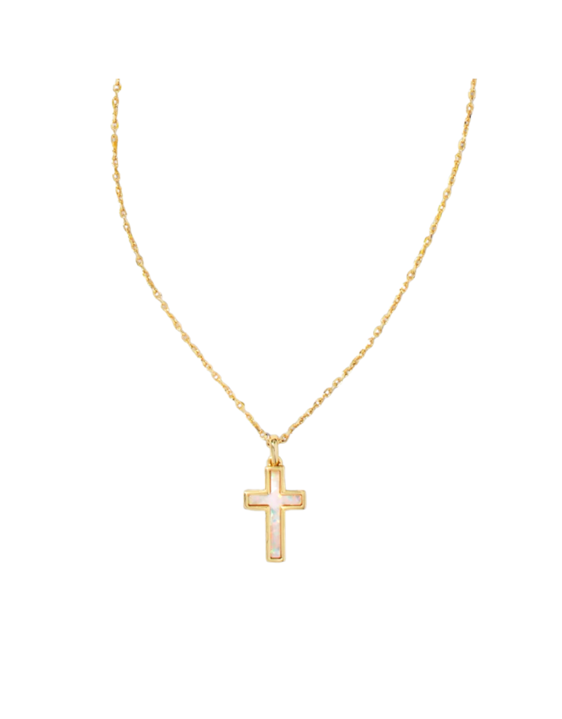 KENDRA SCOTT DESIGN Cross Gold Pendant Necklace in White Kyocera Opal