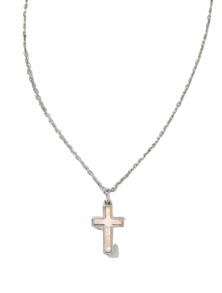 KENDRA SCOTT DESIGN Cross Silver Pendant Necklace in White Kyocera Opal