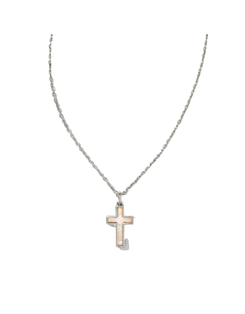 KENDRA SCOTT DESIGN Cross Silver Pendant Necklace in White Kyocera Opal