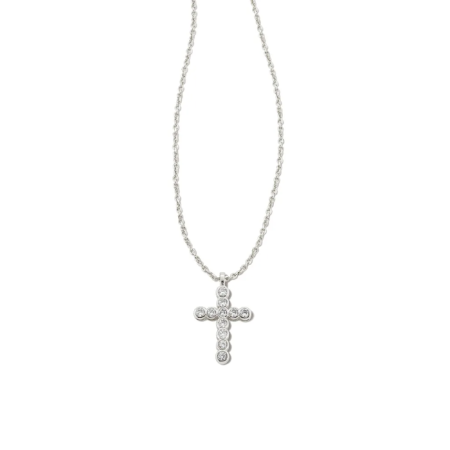 Cross Silver Pendant Necklace in White Crystal