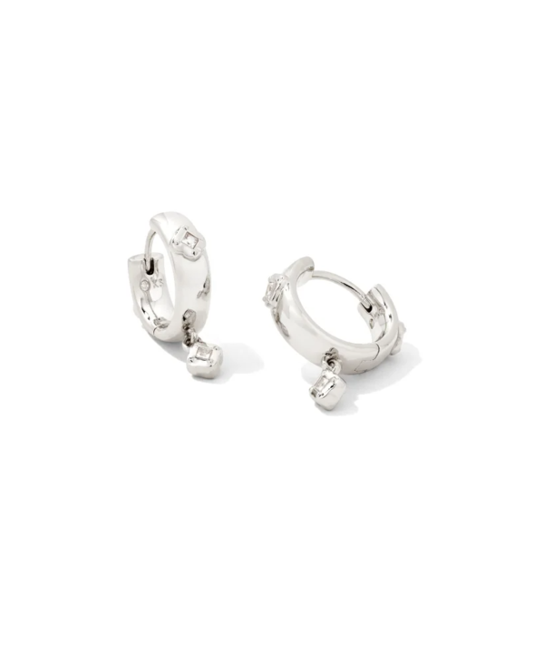 Joelle Silver Huggie Earrings in White Crystal