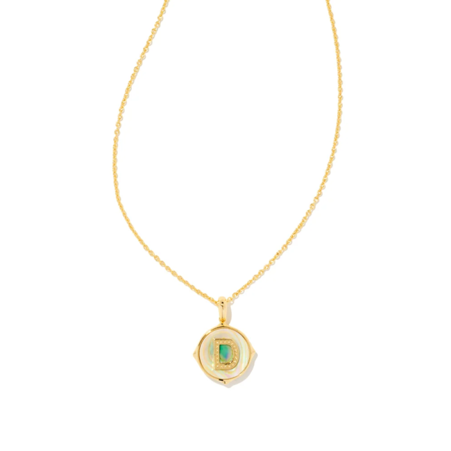 Letter D Gold Disc Reversible Pendant Necklace in Iridescent Abalone