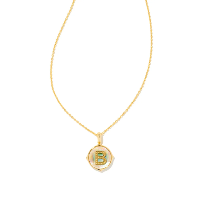 Letter B Gold Disc Reversible Pendant Necklace in Iridescent Abalone