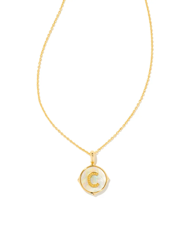 Letter C Gold Disc Reversible Pendant Necklace in Iridescent Abalone