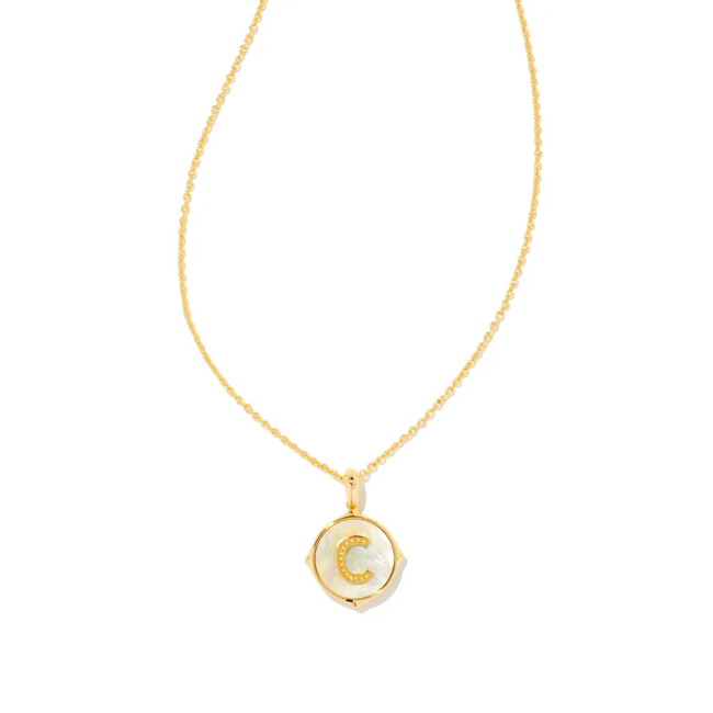 Letter C Gold Disc Reversible Pendant Necklace in Iridescent Abalone