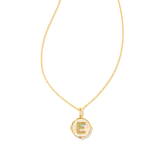 Letter E Gold Disc Reversible Pendant Necklace in Iridescent Abalone