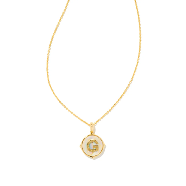 Letter G Gold Disc Reversible Pendant Necklace in Iridescent Abalone