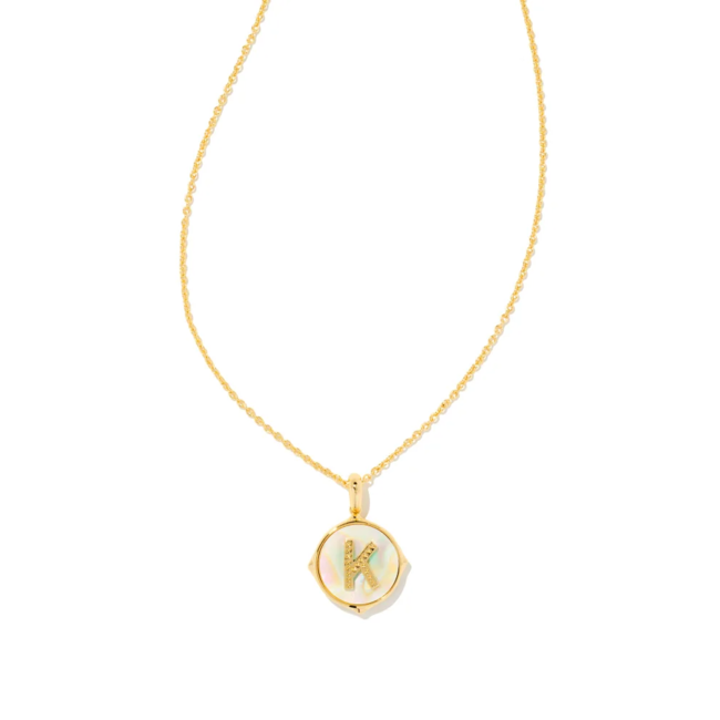 Letter K Gold Disc Reversible Pendant Necklace in Iridescent Abalone