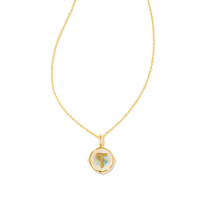Letter T Gold Disc Reversible Pendant Necklace in Iridescent Abalone