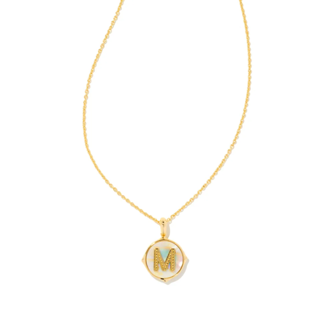 Letter M Gold Disc Reversible Pendant Necklace in Iridescent Abalone