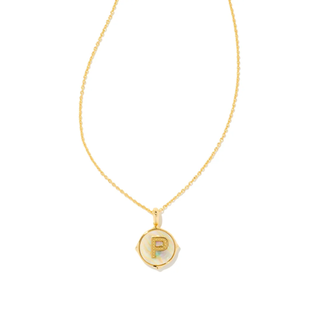Letter P Gold Disc Reversible Pendant Necklace in Iridescent Abalone