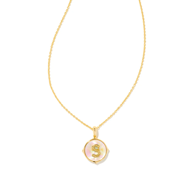 Letter S Gold Disc Reversible Pendant Necklace in Iridescent Abalone
