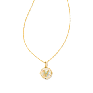 KENDRA SCOTT DESIGN Letter V Gold Disc Reversible Pendant Necklace in Iridescent Abalone