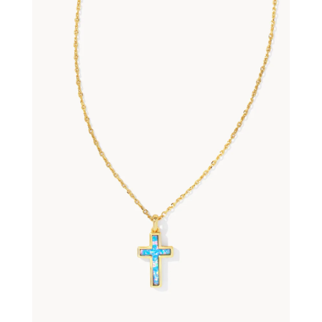 Cross Gold Pendant Necklace in White Kyocera Opal