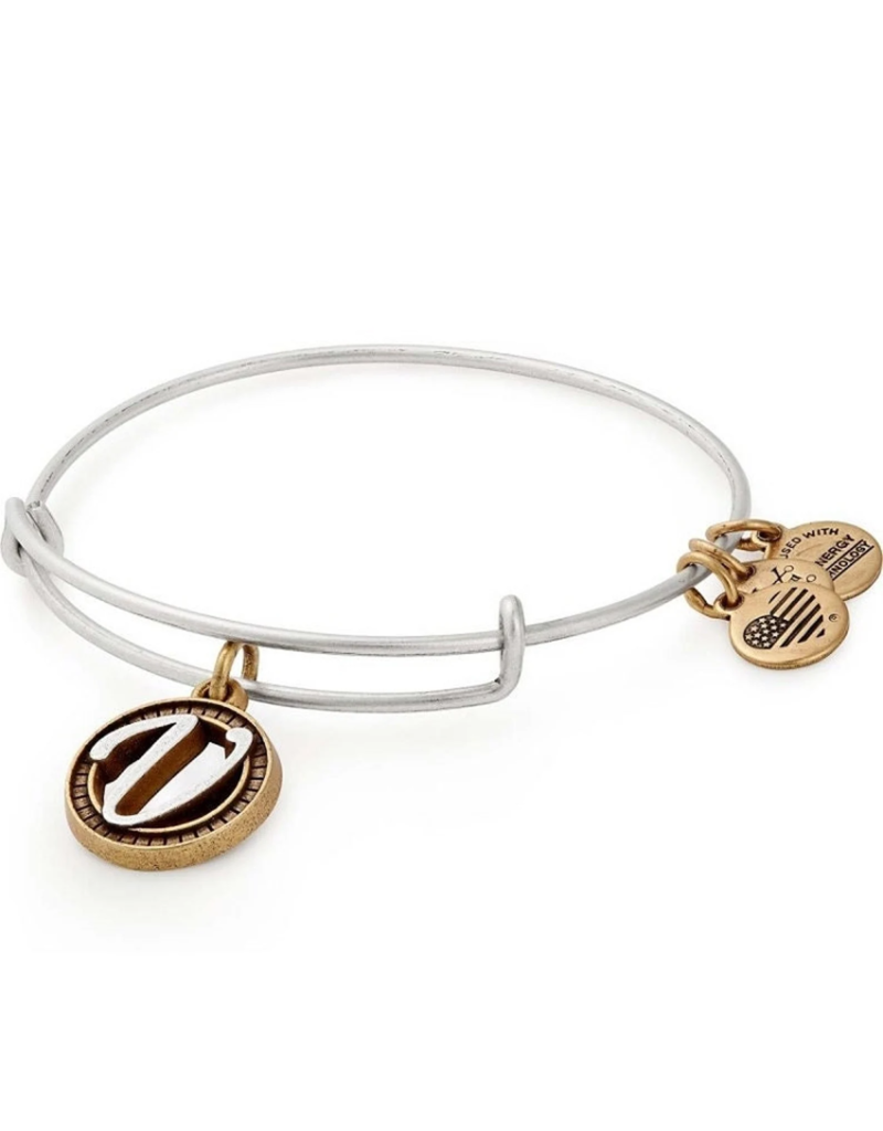 ALEX & ANI Two Tone Initial V Charm Bangle