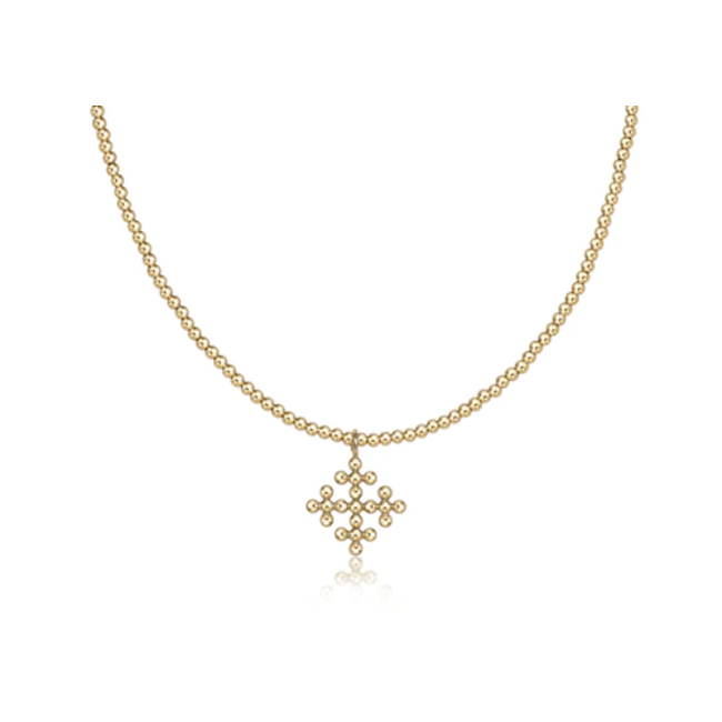 Gold Classic 2mm Bead Chain 15" Choker Necklace - Beaded Signature Cross Encompass Charm