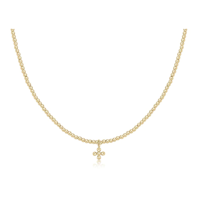 Gold Classic 2mm Bead Chain 17" Choker Necklace - Small Beaded Signature Cross Charm