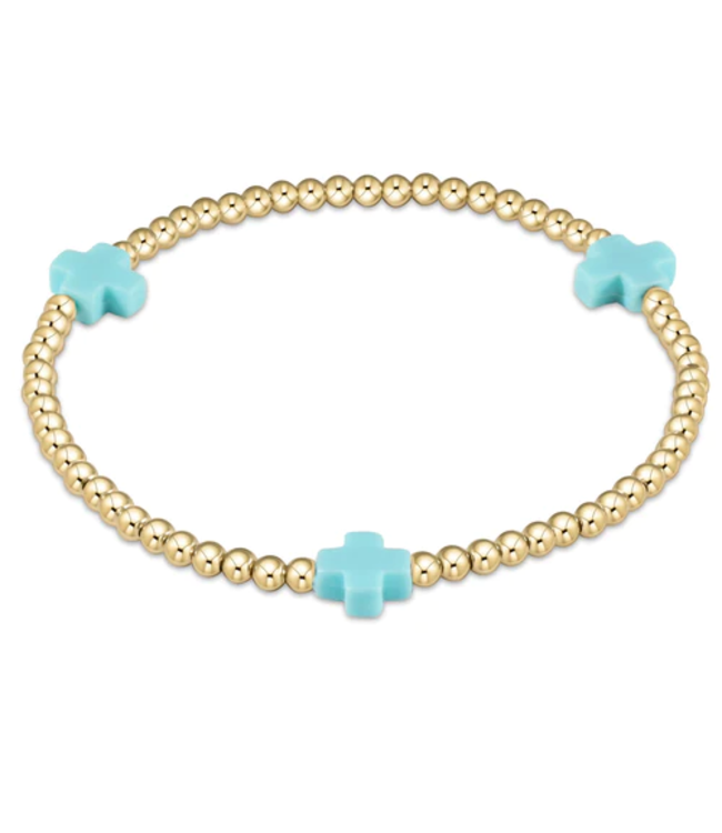 Signature Cross Gold Pattern 3mm Bead Bracelet - Turquoise