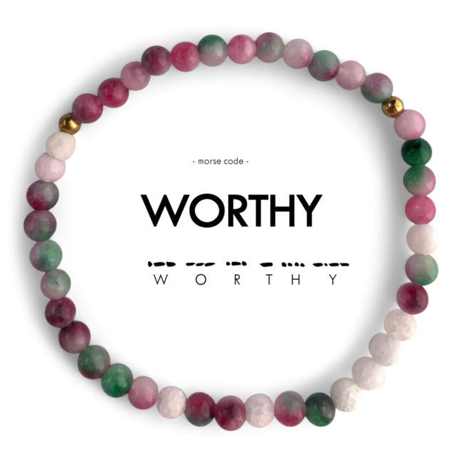 Worthy Morse Code Bracelet - Watermelon Jade & Frosted White Quartz