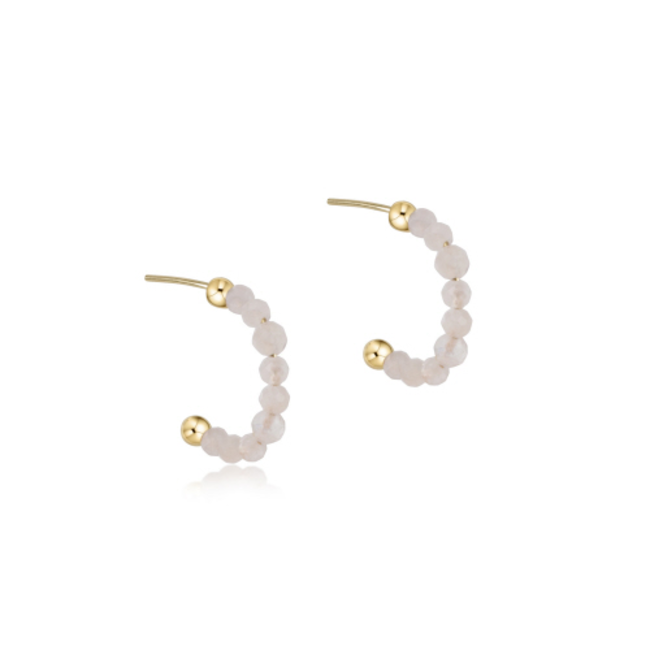 Gemstone 3mm Beaded 1" Post Hoop Earrings - Moonstone/Gold