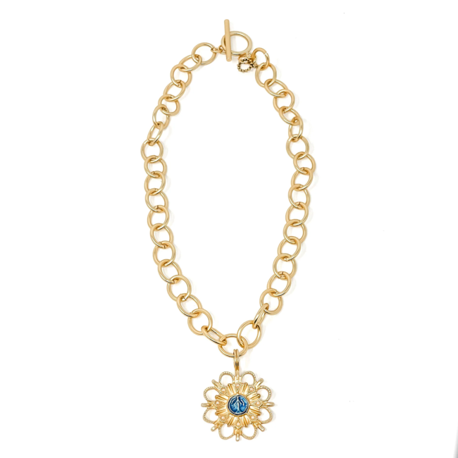 Gold Blue Enameled & Pearl Blessed Mother Medallion Necklace