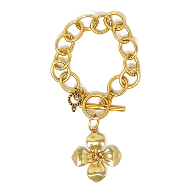 Gold Pearl Center Dogwood Flower Toggle Bracelet