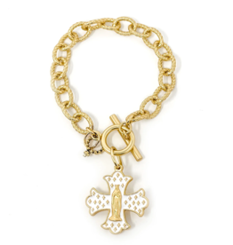 POWERBEADS BY JEN Gold Jen's White Enameled Mary Cross Toggle Bracelet