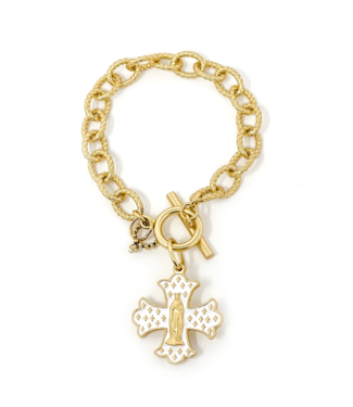 POWERBEADS BY JEN Gold Jen's White Enameled Mary Cross Toggle Bracelet