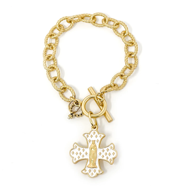 Gold Jen's White Enameled Mary Cross Toggle Bracelet