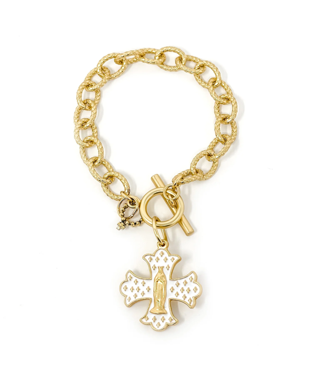 Gold Jen's White Enameled Mary Cross Toggle Bracelet