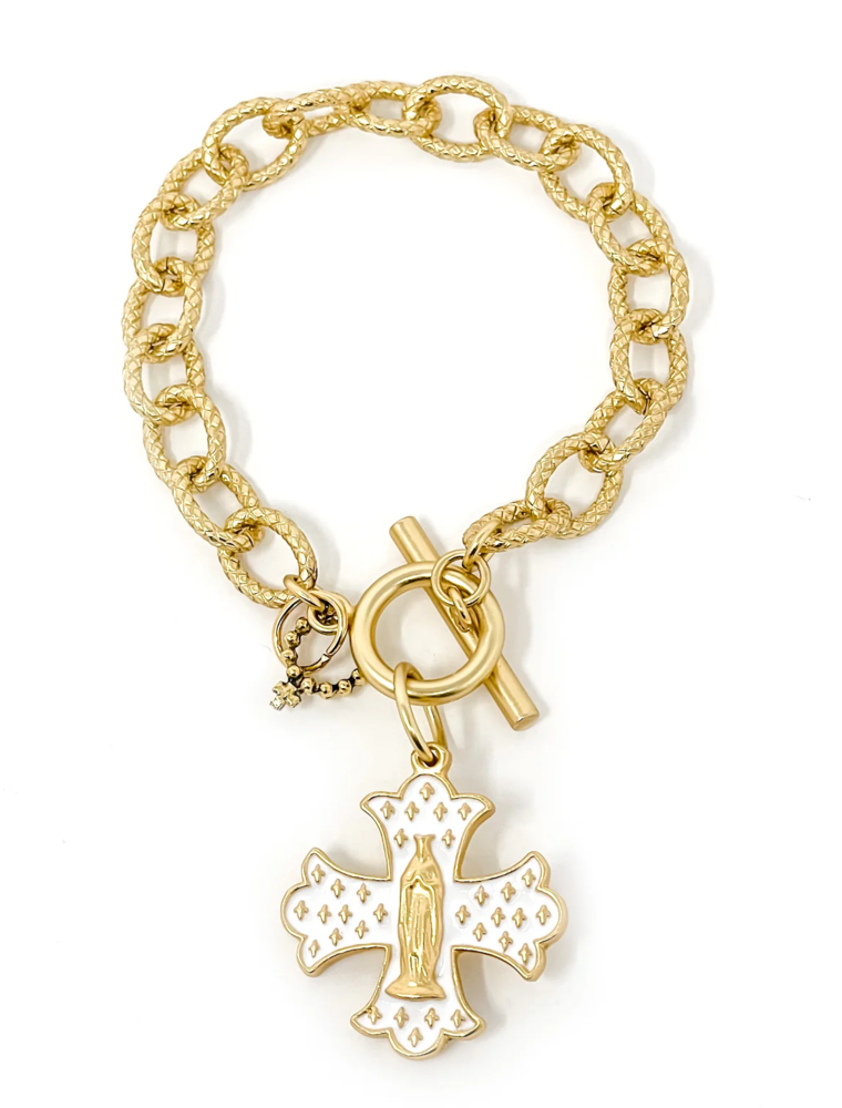 POWERBEADS BY JEN Gold Jen's White Enameled Mary Cross Toggle Bracelet