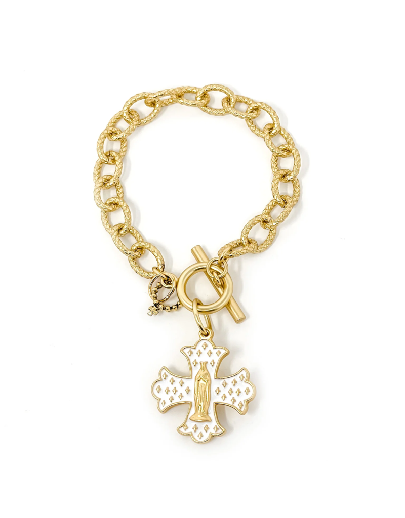 POWERBEADS BY JEN Gold Jen's White Enameled Mary Cross Toggle Bracelet