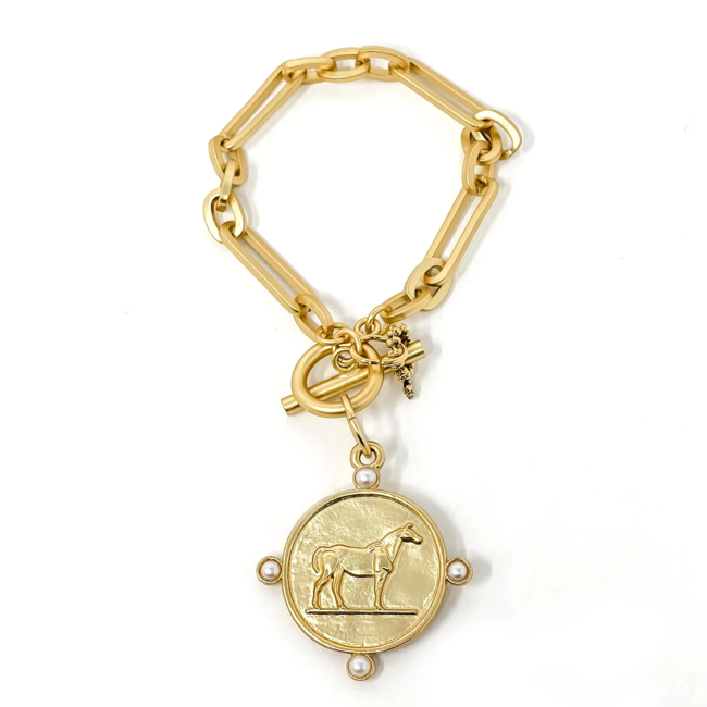 Gold Pearl Surround Champion Horse Toggle Bracelet