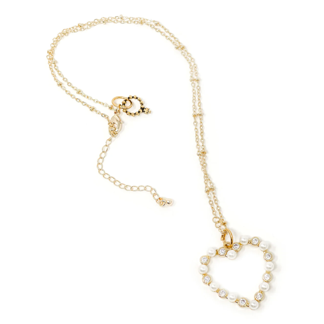 Gold Pearl & Crystal Heart Necklace