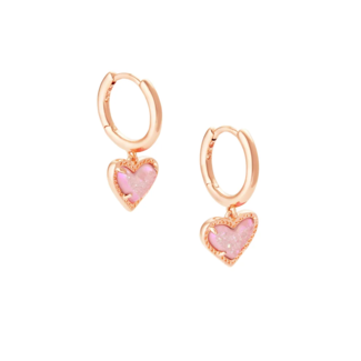 KENDRA SCOTT DESIGN Ari Heart Rose Gold Huggie Earrings in Light Pink Drusy